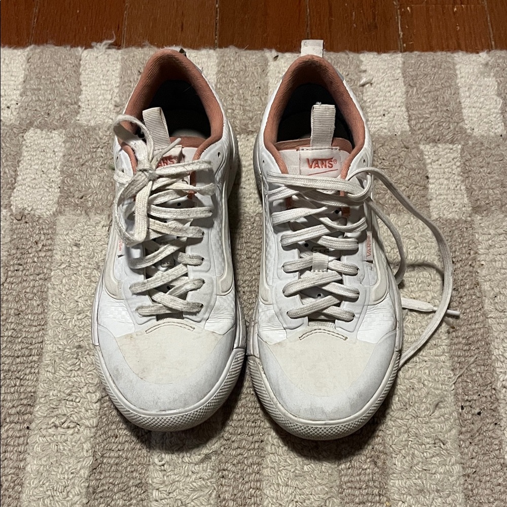 Vans Women’s White Sneakers with Pink & light blue Accents